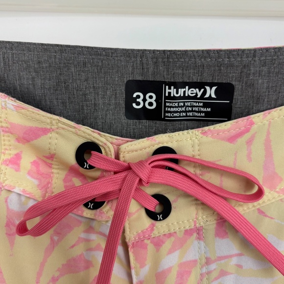 Hurley Mens Size 38 Swim Trunks Hybrid Shorts Yellow Pink Tropical Leaf Print 9" - Picture 3 of 8
